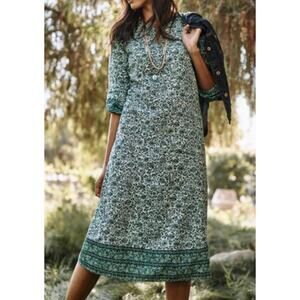 J. Jill Size XS 100% Cotton Delicate Blooms Border Print Midi Dress Green Blue